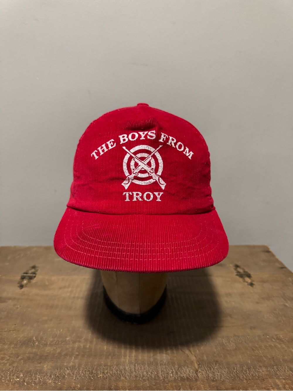 Vintage 80s Boys From Troy Red Corduroy Snapback Hat Made USA Rifle Graphic